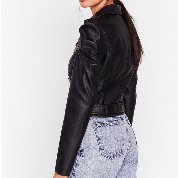 ASOS - NEW LOOK - Faux Leather Puff Sleeve Zip Jacket w Stretch Bodice - Picture 3 of 13